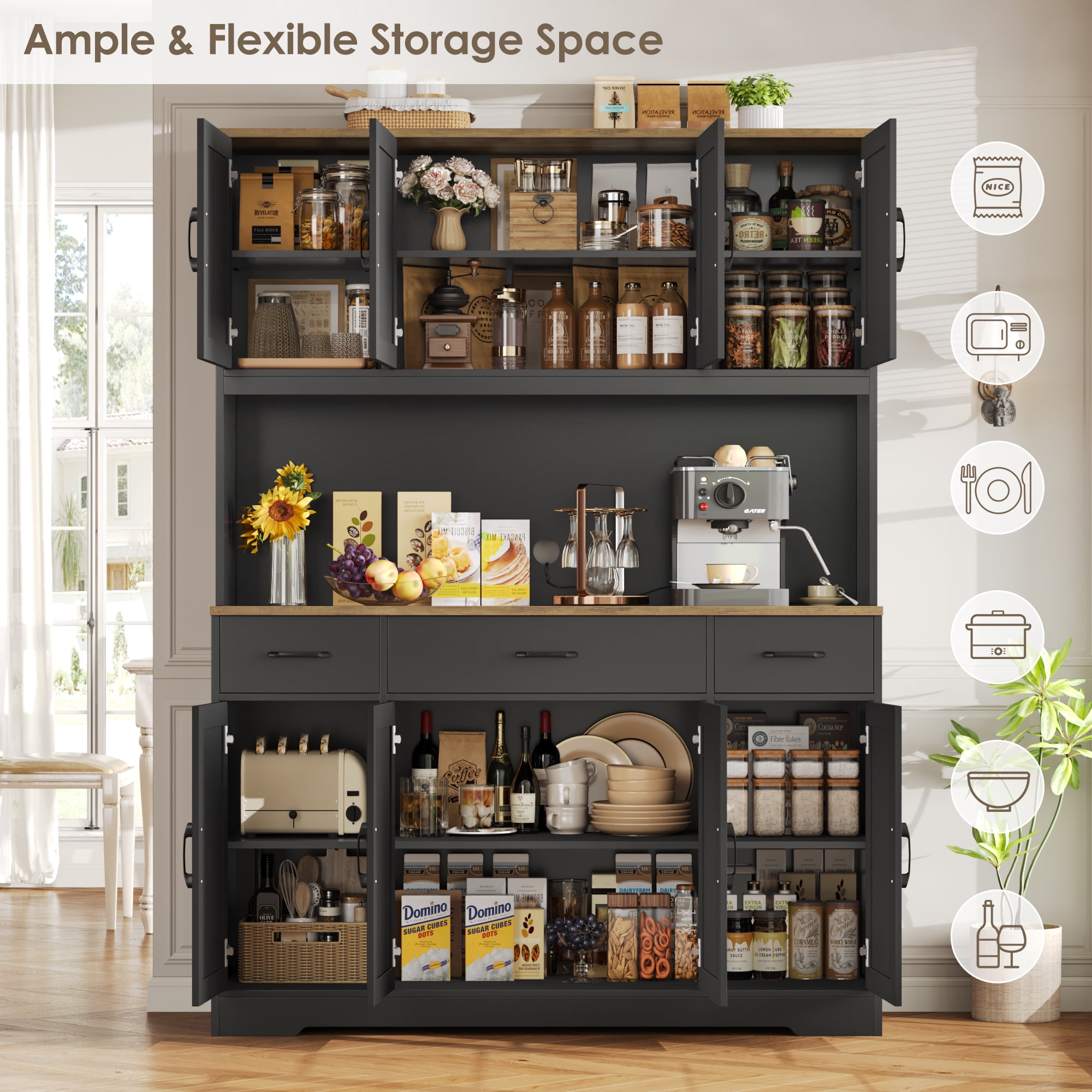 Homfa Kitchen Pantry with Hutch and Drawers, 71" Tall Storage Cabinet with 55" Wide Countertop and Built-In Power Outlet, Farmhouse Coffee Bar for Dining Room, Black & Rustic Brown