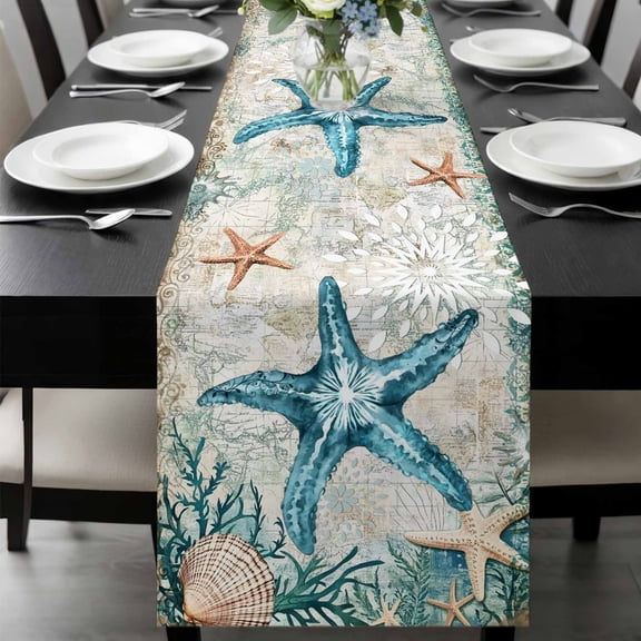 Teal Coastal Starfish Table Runner 48 Inches Long, Vintage Summer Beach Nautical Coral Kitchen Coffee Dining Table Decoration for Home Party Birthday Wedding Home Decor 13x48 Inches