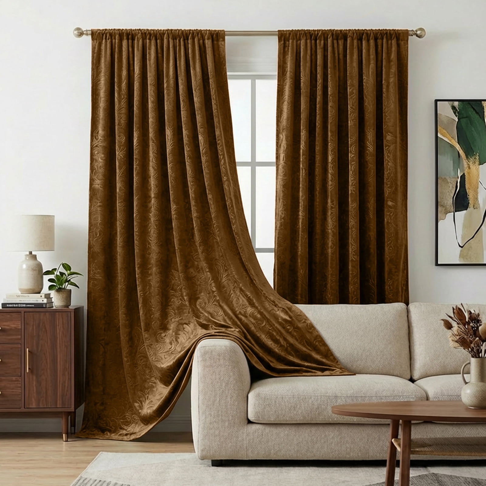 Lapalife Blackout Velvet Curtains, Scroll Floral Pattern Rod Pocket Thermal Insulated Velvet Curtain Drapes for Living Room, 2 Panels, 52"x 96", Golden Brown