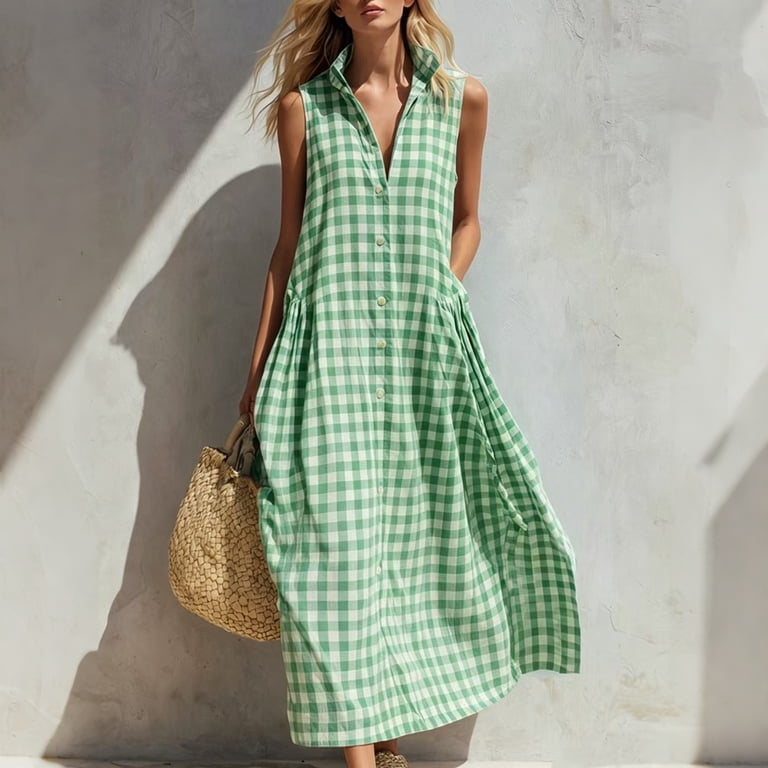 JULMCOMO Summer Dresses for Women Gingham Plaid Collared Sleeveless Button Down Loose Casual Maxi Dresses with Pockets Light Green S