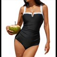 thumbnail image 2 of Trajes de Baño de una Pieza para Mujer, con Bloques de Color, Adelgazantes, Control de Abdomen, Traje de Baño de Cobertura en V. Negro XXL, 2 of 9