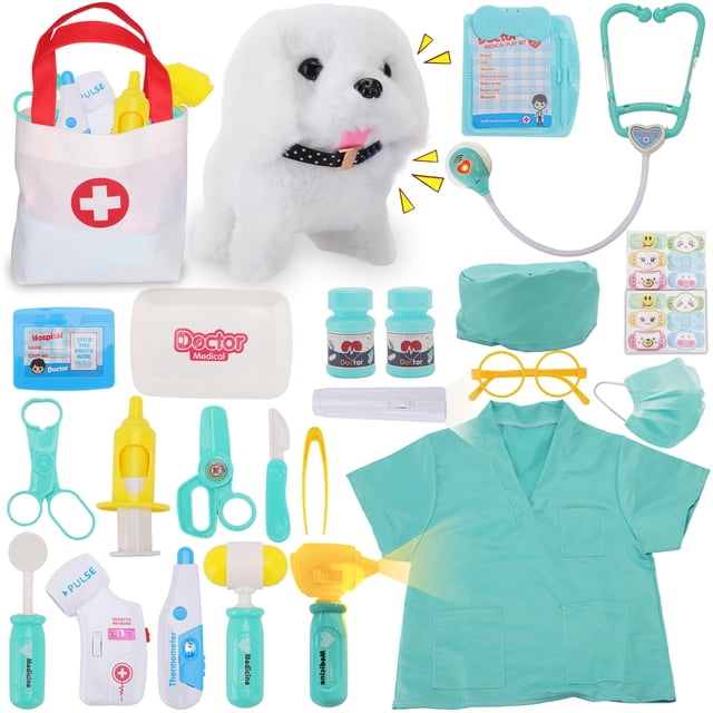 Kit de médico de juguete TEUVO para niñas con perro de peluche y disfraz