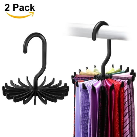 Wood Tie Hanger - Tie Hangers for Closets, IPOW 2 Pack Adjustable Rotating 20 Hook Neck Ties Organizer Twirling Tie Rack Hanger Holder, Black, 4.85