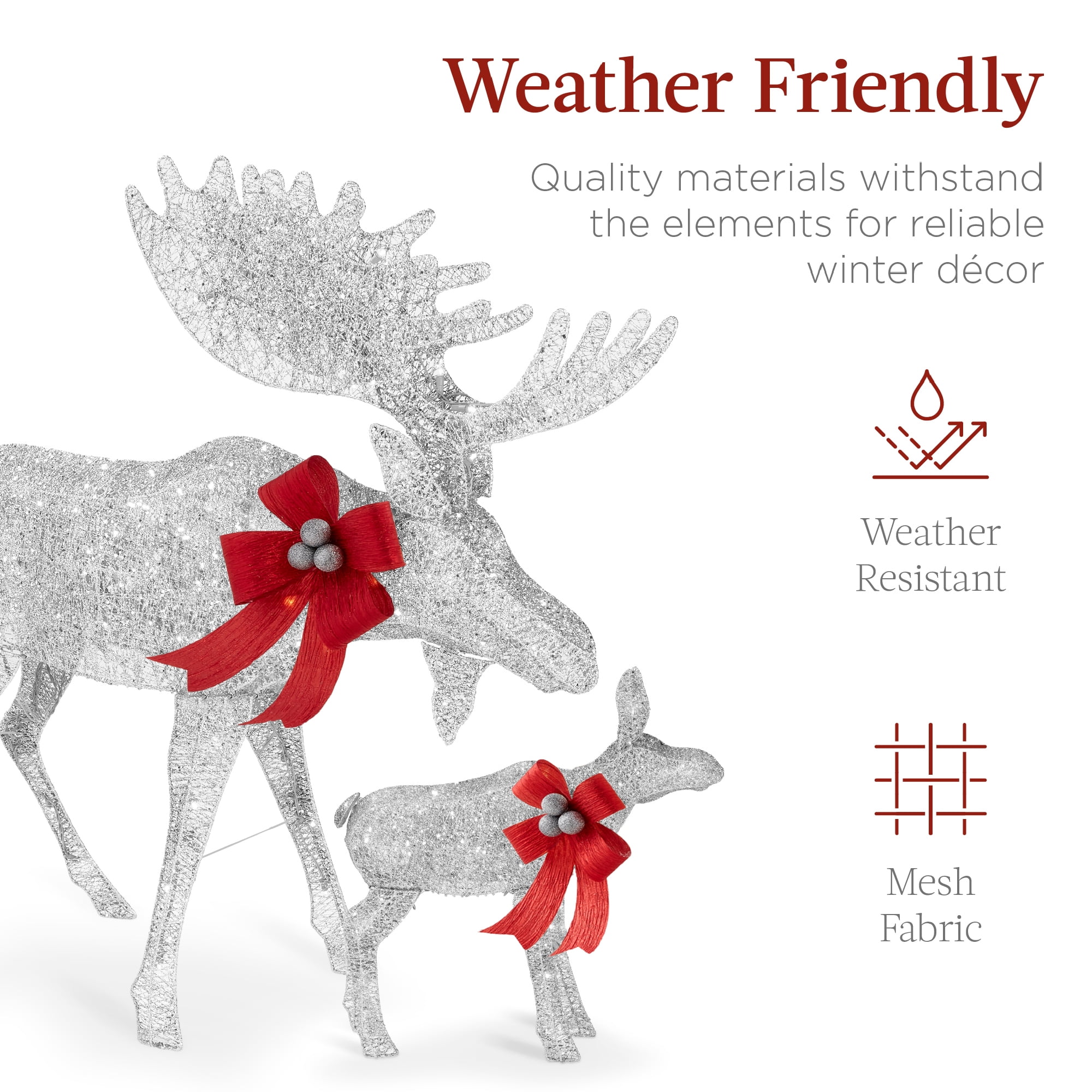 Best Choice Products 2-Piece Moose Family Lighted Christmas Yard Decor Set w/ 170 LED Lights, Stakes, Zip Ties - Silver