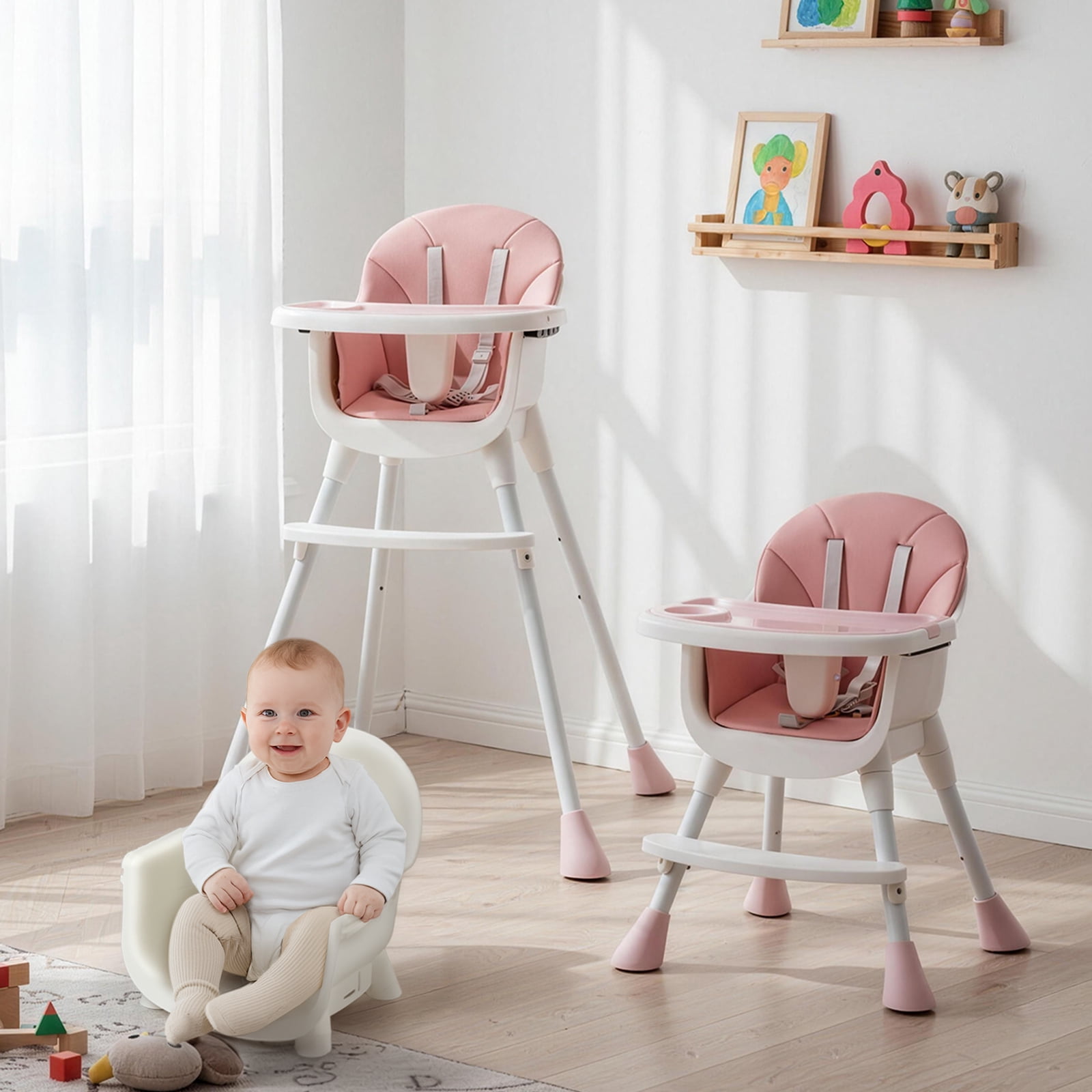 Ktaxon Baby High Chair, Convertible 3 in 1 High Chairs for Babies and Toddlers, Baby Highchair with 5-Point Safety Harness, Adjustable Height & Dining Tray, Pink