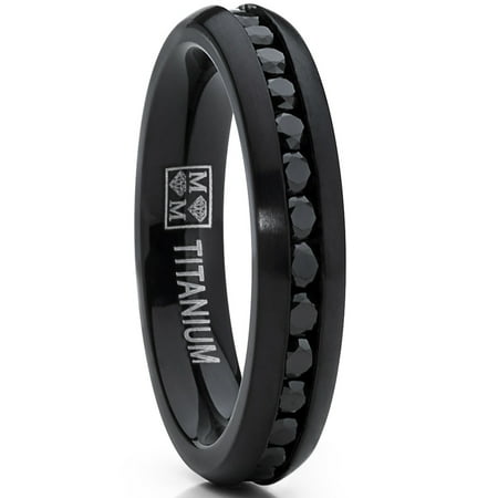 Black Titanium Ring Band - 4MM Black Brushed Round Cut Women's Eternity Titanium Ring Wedding Band with Black Cubic Zirconia CZ