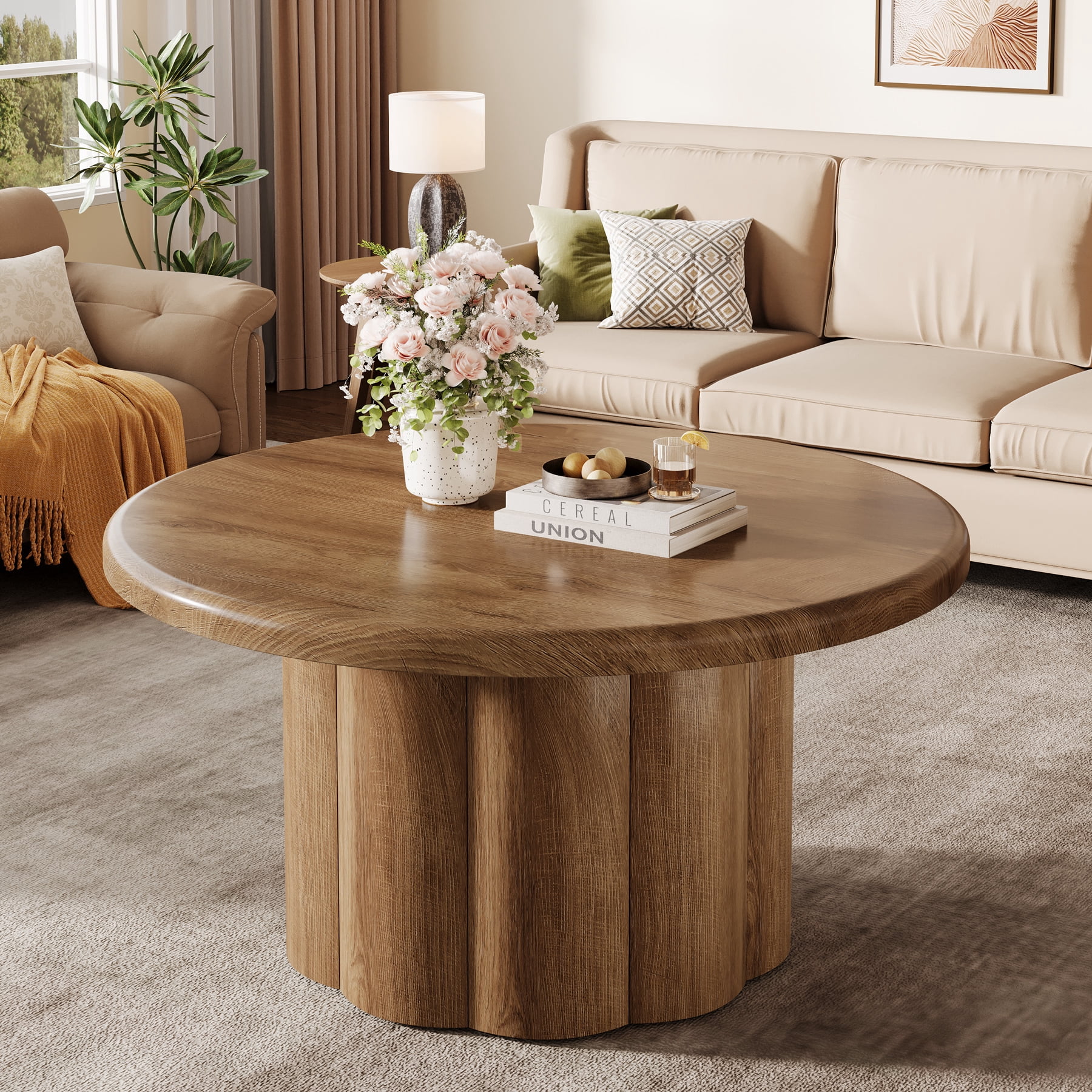 Tribesigns Round Coffee Table, 31.5" Cocktail Table with Fluted Drum Base, Circle Table for Living Room