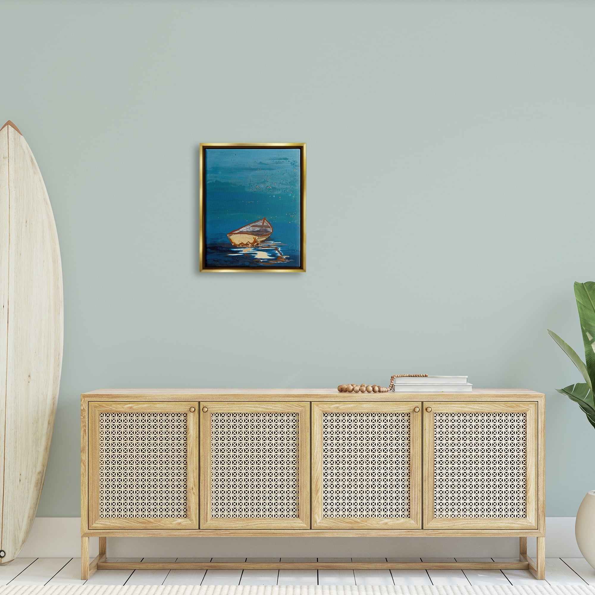 Stupell Industries Single Boat Ocean Surface Layered Marine Collage Painting Metallic Gold Floating Framed Canvas Print Wall Art, Design by Stacy Gresell