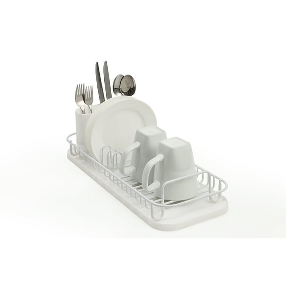SunnyPoint 304 Stainless Steel Dish Drying Rack with Utensil Holder, Compact Countertop Dish Rack with Removable Drain Tray – White
