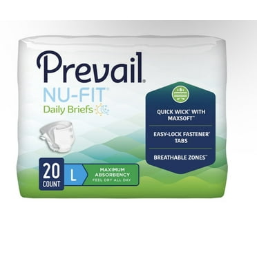 Prevail Nu-Fit Daily Adult Incontinence Briefs with Tabs, Maximum Absorbency Sz: L 20 Ct