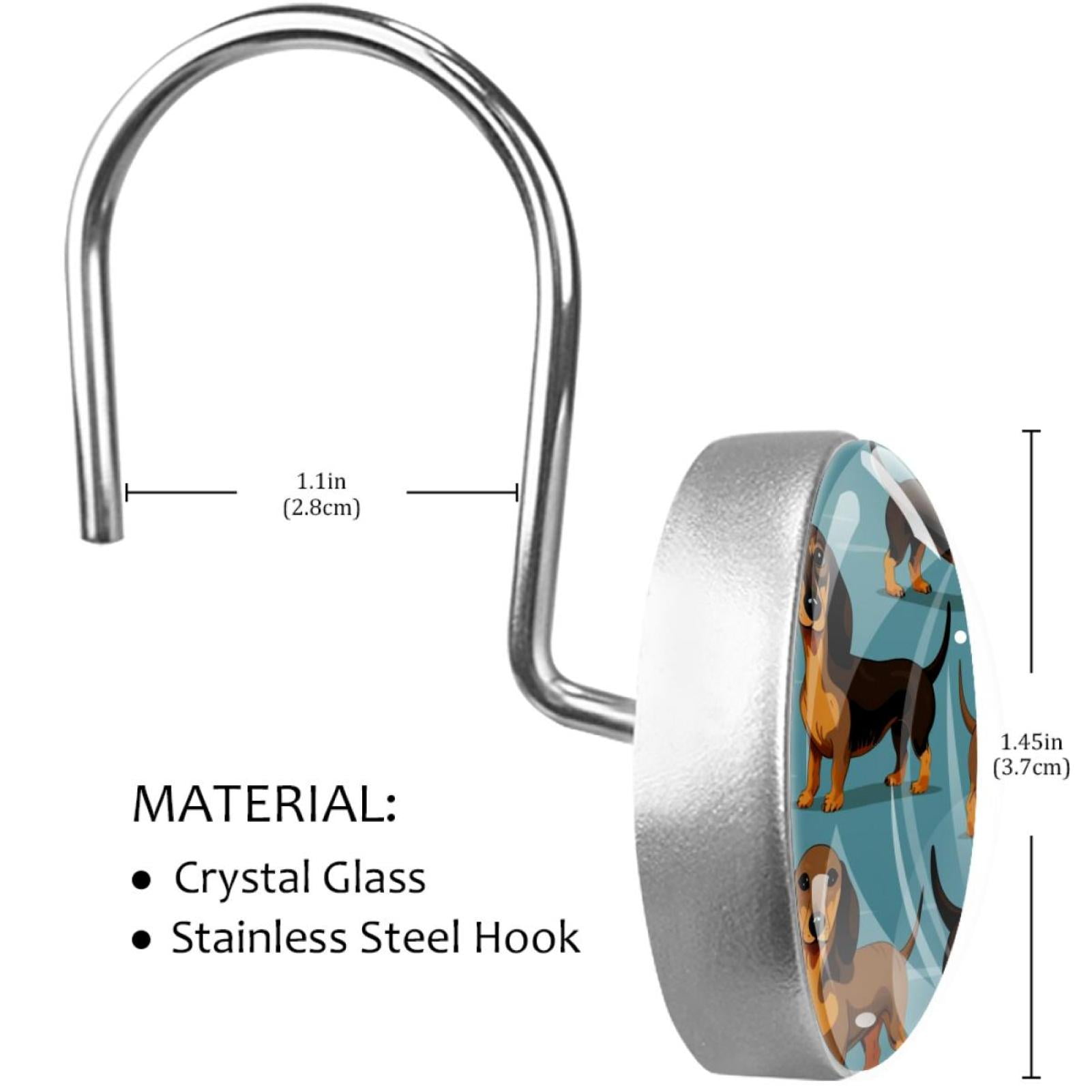 Dachshund Shower Curtain Hooks （Set of 12） for Home Hotel Shower Rods Bathroom Crystal Glass Print Stainless Steel Round Curtain Hooks
