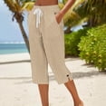 thumbnail image 2 of Women's Cotton Loose Straight Pants with Pockets, Mid Elastic Waist Drawstring, Side Slits Buttoned, Casual Business Beach Lounge Capri Pants | VerBelle,Khaki S, 2 of 6