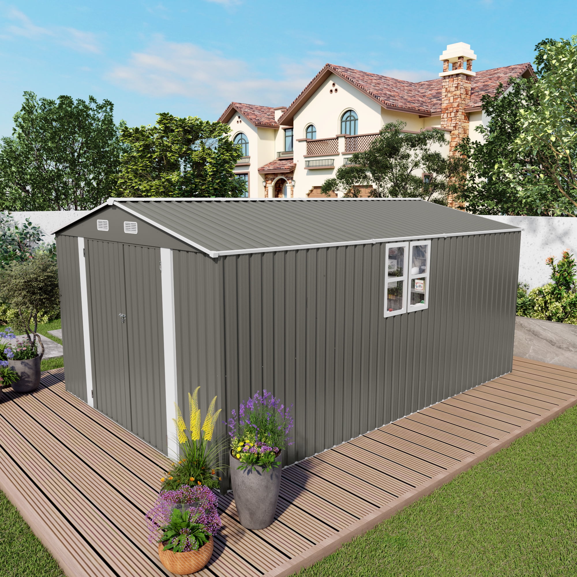 10x14 FT Outdoor Metal Storage Shed with 3 Lockable Doors & Window, Heavy-Duty All-Weather Garden Shed for Lawn Mowers, Bikes, Tools, Backyard, Patio, Grey