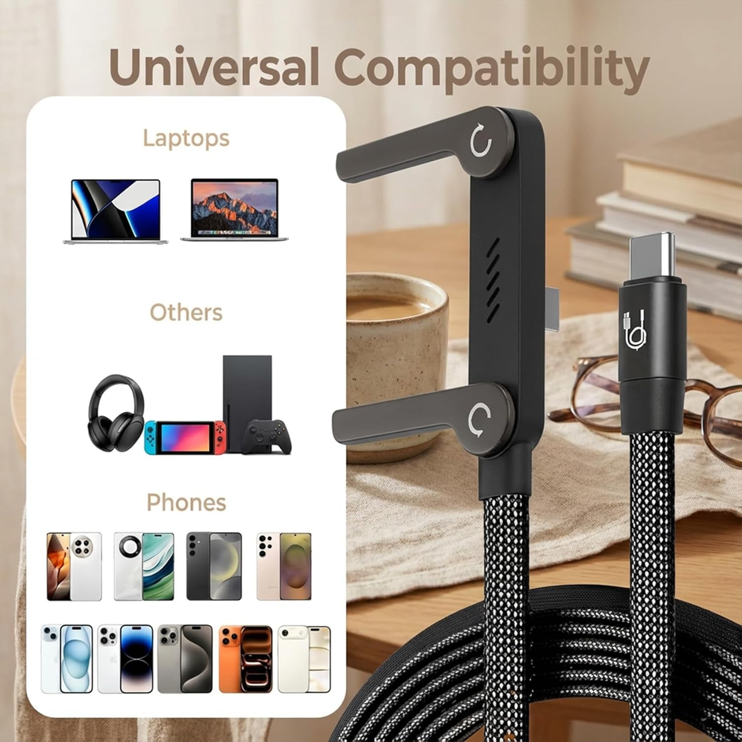 Sideways Phone Charger, 2-in-1 Invisible Stand Charging Cable with 240W Fast Charging, Built-in Phone Holder & Braided Cable for Smartphones Tablets