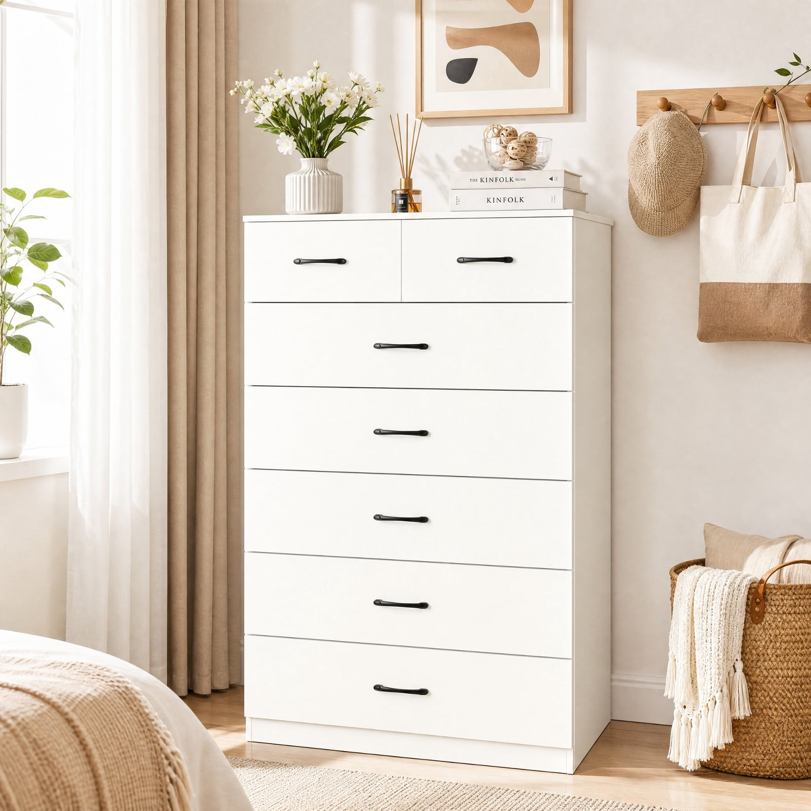 Furnibear 7-Drawer Tall Dresser with Metal Handles and Anti-Tipping Kits for Bedroom Closet Living Room Nursery Clothes Storage, White