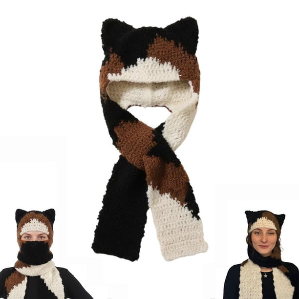 Gorro de pañuelo de ganchillo | Diseño geométrico de patchwork – Tejido de punto cálido con forro polar | Decoración 3D de las orejas | Bufanda y sombrero integrados para viajes al aire libre | 1 Pack