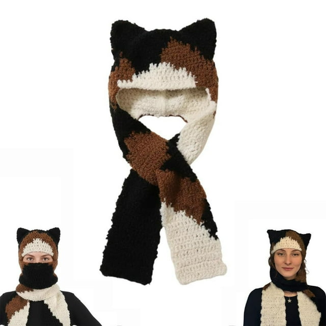 Sombrero de pañuelo de ganchillo con orejas 3D | Tejido geométrico de retallos | Marrón Beige | Forrado de forro polar | Accesorio para viajes al aire libre en invierno cálido | Unisex | Material