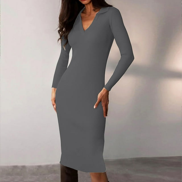 EGNMCR Robe en Tricot pour Femme Automne Hiver Moulante Portefeuille Hanches Ajustée Robes Couleur Unie Col à Revers Manches Longues Chandail Tunique Robe Tendance Décontractée Moulante Robes Maxi
