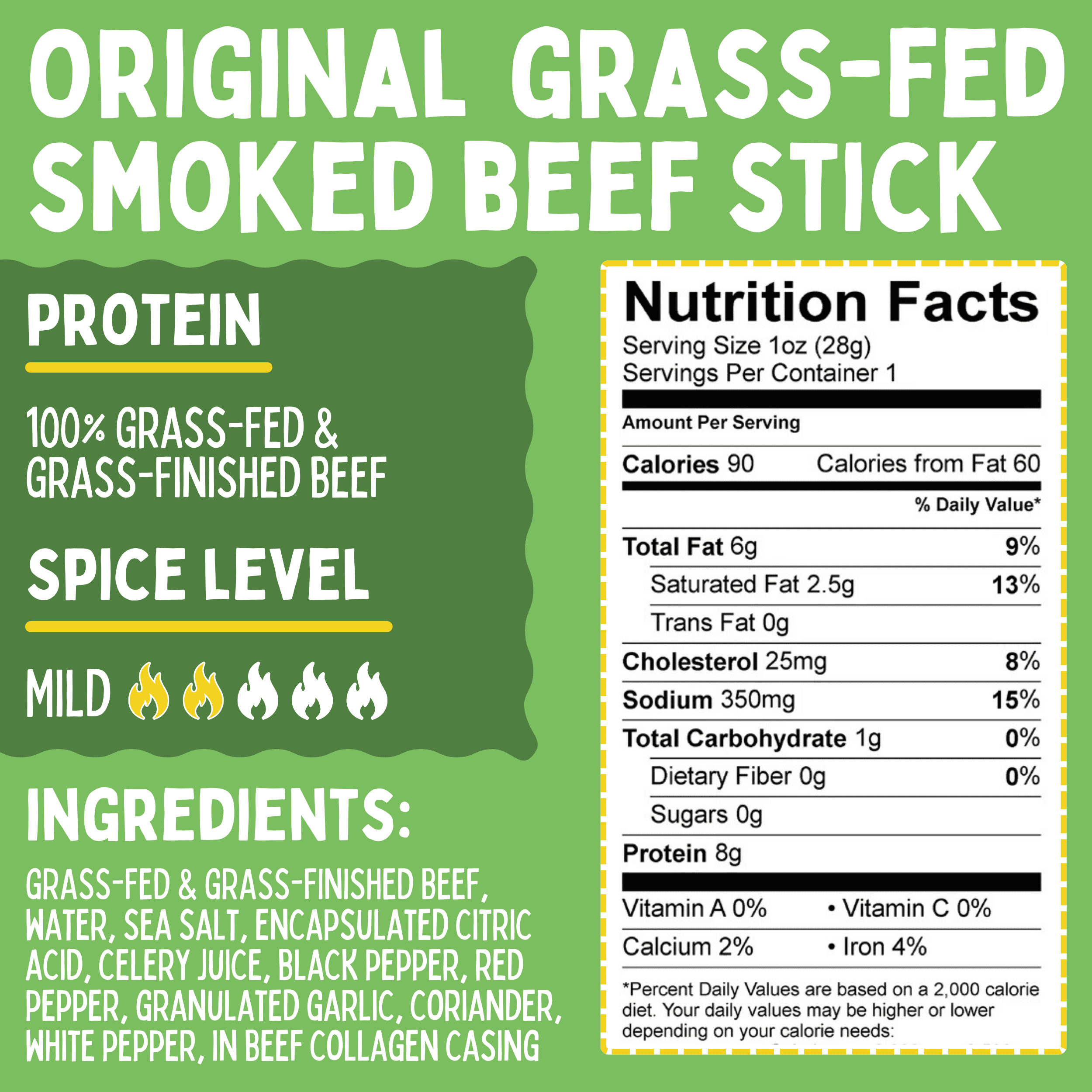 100% Grass-Fed, Paleo, Whole30 and Keto Friendly Beef Sticks: MSG, Gluten and Soy Free, Never Given Antibiotics or Hormones (Original Flavor, 12-Count, 1-oz Stick)