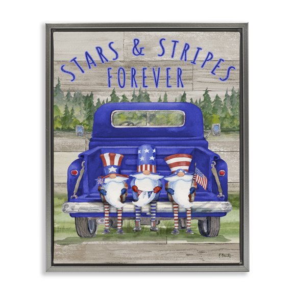 Stupell Industries Farmhouse Stars & Stripes Forever Americana Gnomes Gray Floating Frame Canvas Art, 25 x 31, by Paul Brent