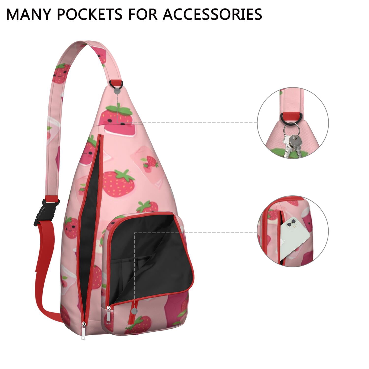 Fashion Travel Sling Bag Strawberry Cute Crossbody Shoulder Backpack Adjustable Lightweight Travel Hiking Casual Daypack for Young People