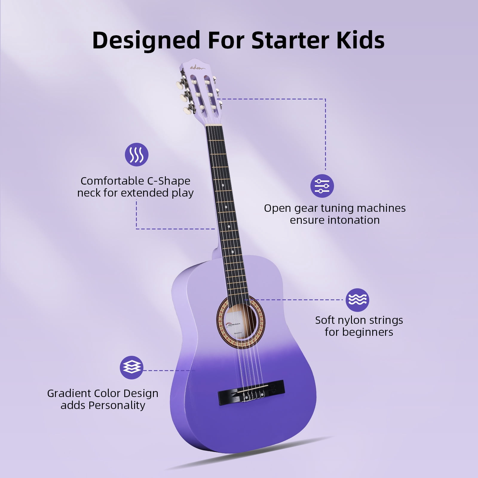 ADM Acoustic Guitar for Adults & Kids, 38" Travel Guitar Kit (Purple)