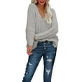 thumbnail image 3 of ManxiVoo Women's Lightweight V Neck Off Shoulder Pullover Sweater Loose Knit Long Sleeve Top for Autumn Casual Wear M Size Grey, 3 of 6