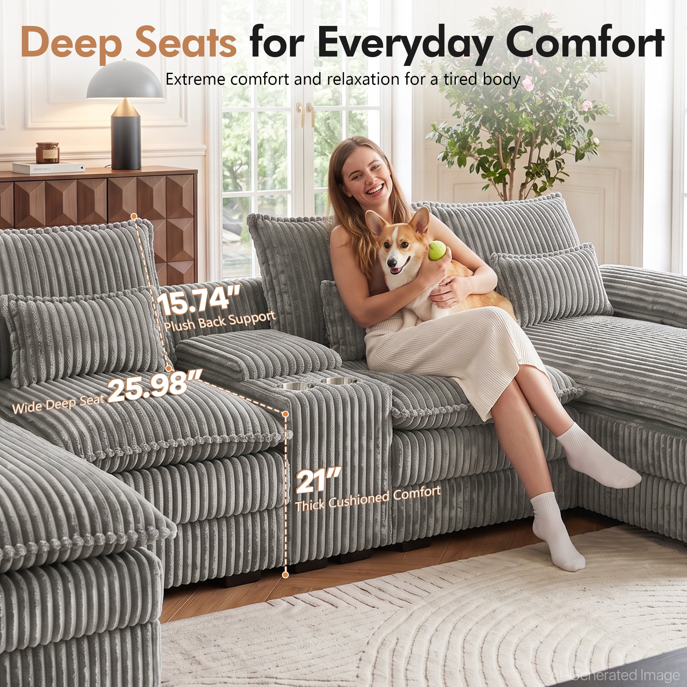 Aenkyo 125 Inch Chenille U-Shaped Sectional Sofa with Console and USB Ports, Light Gray