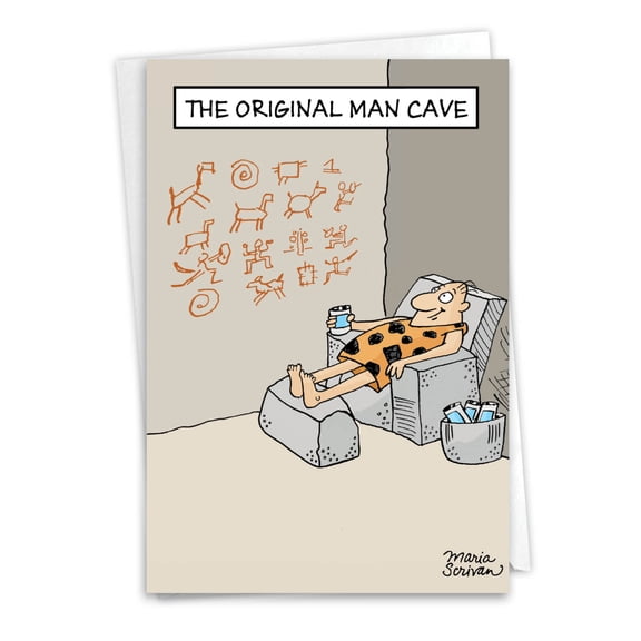 Funny Father's Day Greeting Card with 5 x 7 Inch Envelope (1 Card) Dad Original Man Cave - Cave Dweller with Beer