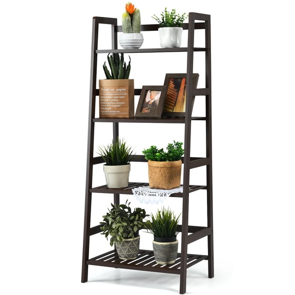 LYYHTY 4-Tier Bamboo Ladder Shelf, Dark Brown Plant Display Rack, Freestanding Bookshelf Organizer for Living Room, Bedroom, Bathroom, Kitchen, or Balcony