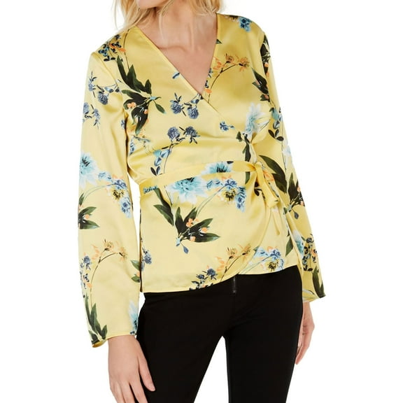 I.N.C Womens Floral Wrap Blouse, Yellow, Medium