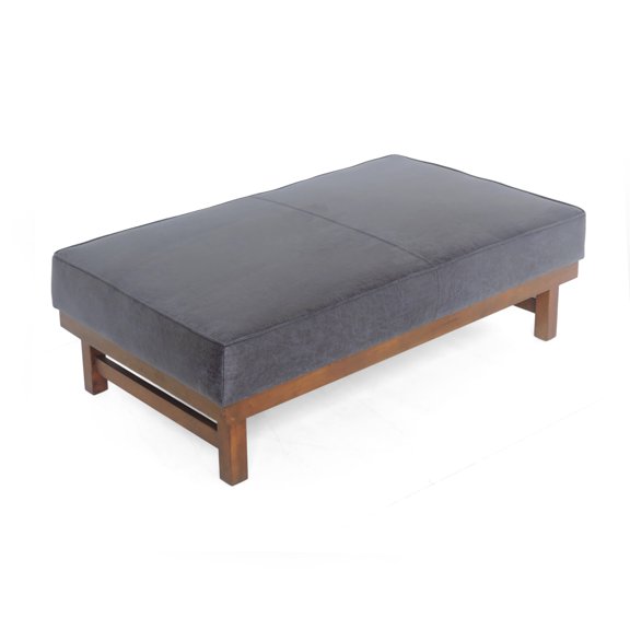 Temzyl Modern Microfiber Cocktail Ottoman with Wood Frame, Navy Blue and Walnut