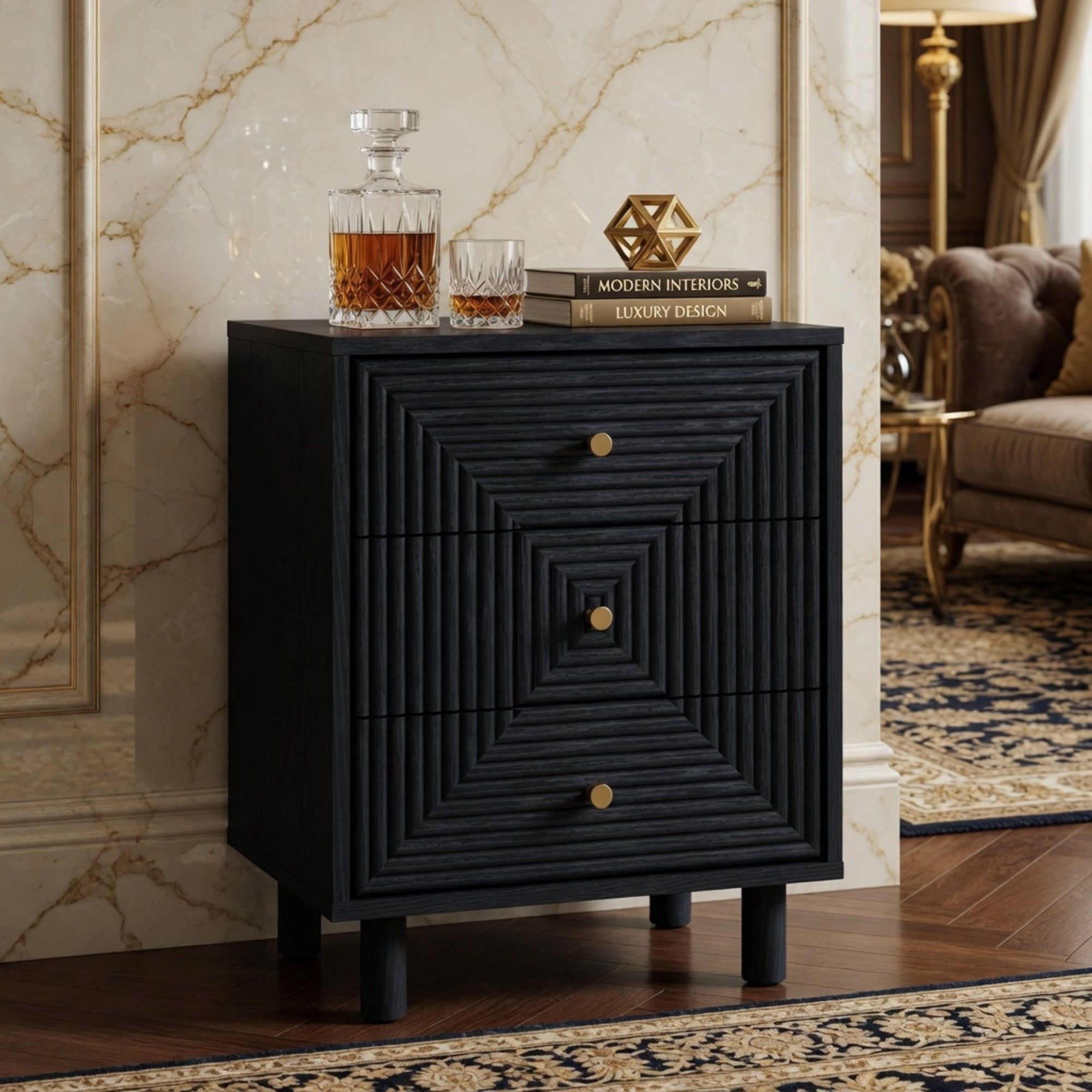 18.7 Inches Width Black 3 Drawer Nightstand - Modern Wood Chest with Solid Legs