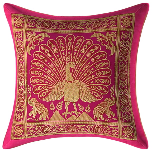 Stylo Culture Indian Decorative Sofa Brocade Magenta And Gold Throw Pillow Covers 12x12 Jacquard Weave Banarasi Modern Pillow Covers Dancing Peacock Floral 30x30 cm Cushion Covers (1 Pc)