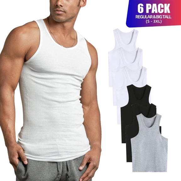 6 Pack Men's Cotton A-Shirts Lightweight Ribbed Underwear Athletics Workout Gym Tank Top Solid Casual Menswear S-3XL Regular Big & Tall Workout Breathable Sleeveless Plain Classic Activewear