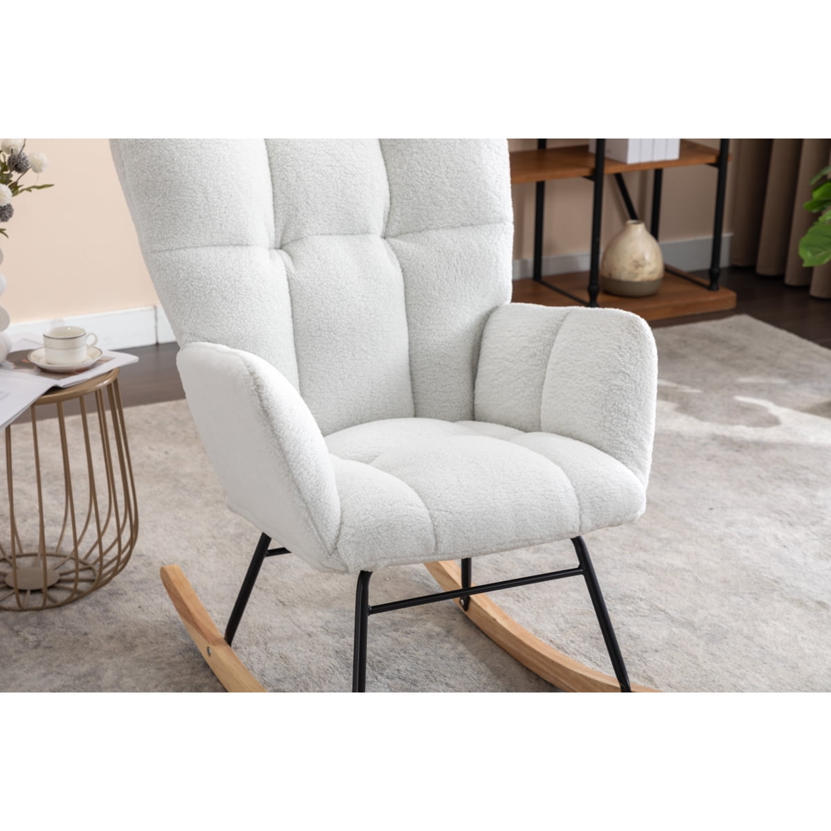 050-Teddy Fabric Rocking Glider Nursery Chair  Ivory Indoor Living Room Rocker