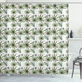 thumbnail image 1 of Flamingo Shower Curtain, Bended Neck Pinky Flamingo on Spots and Chamaedoera Palm Leaves Exotic, Fabric Bathroom Set with Hooks, 69W X 75L Inches Long, Pale Pink and Emerald, by Ambesonne, 1 of 3