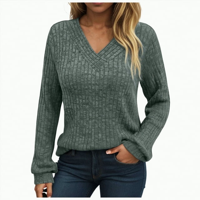 WUANDIXFA Hauts Femmes Chandails à Manches Longues pour Femmes Tunique à Col Rond Hauts Tenue de Bureau Décontractée Coupe Automne Chandails Légers Vêtements Mode Vert,2TG