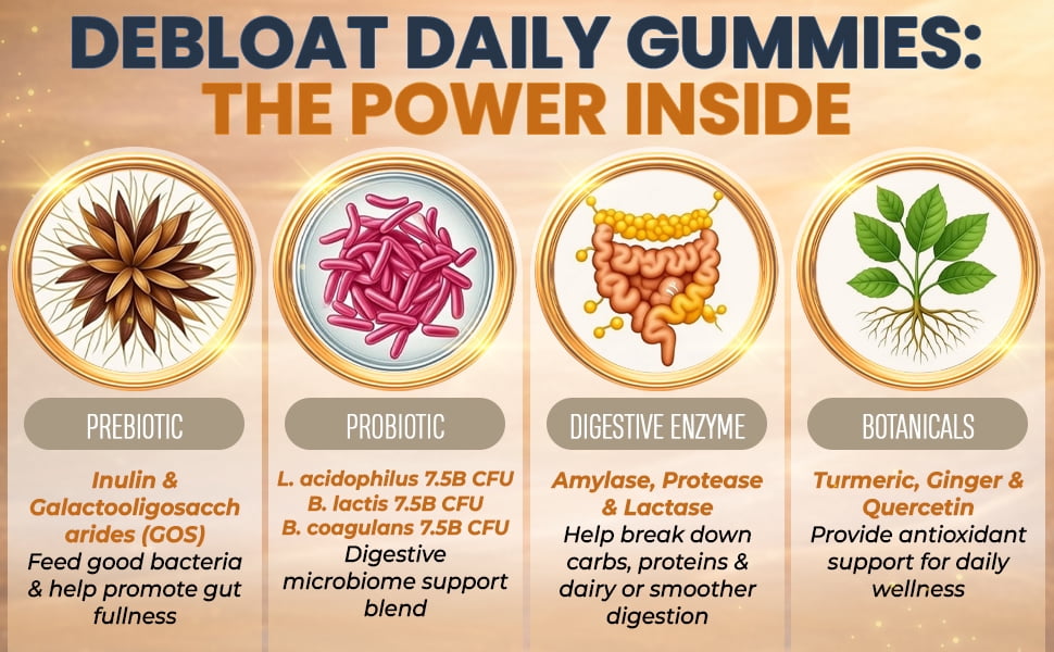 Debloat Daily 3-in-1 Prebiotic, Probiotic & Digestive Enzyme Gummies - 22.2B CFU Gut Health & Bloating Relief - Tropical, 60ct