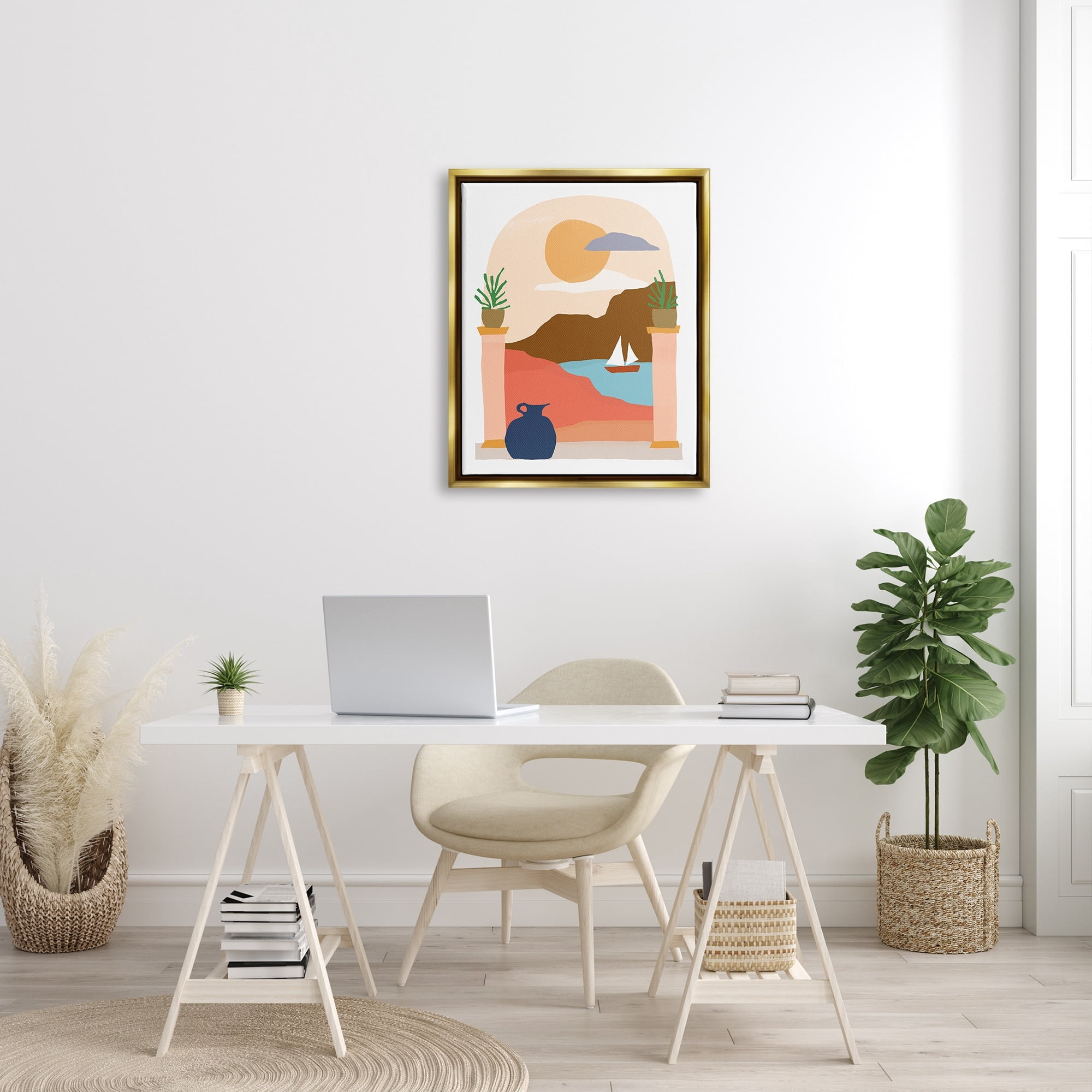 Stupell Industries Calm Distant Sailboat Arch Shaped Landscape Scene Graphic Art Metallic Gold Floating Framed Canvas Print Wall Art, Design by June Erica Vess