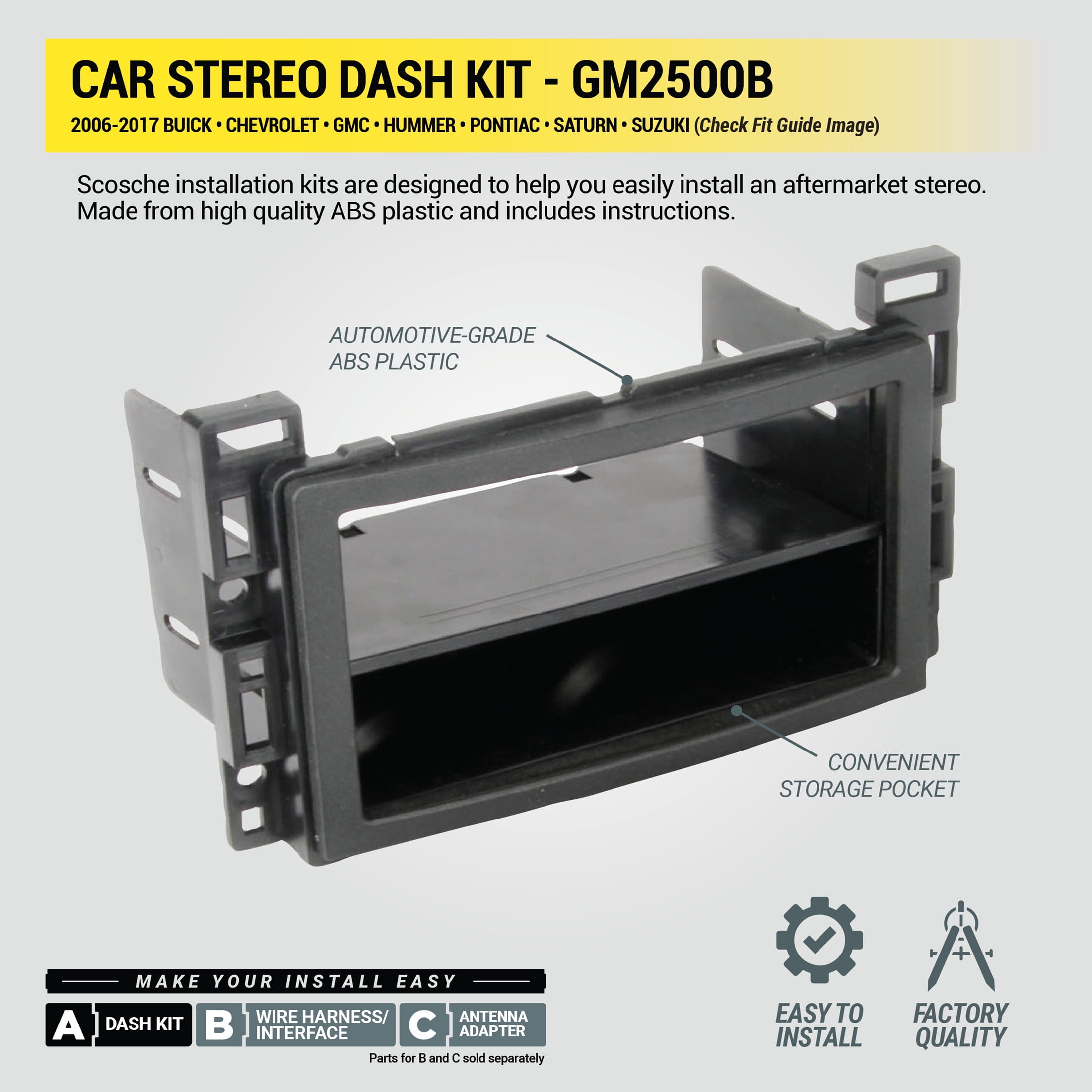 Scosche GM2500B Double DIN or Single DIN w/ Pocket Dash Kit Compatible w/ Select 2004-21 GM Vehicles
