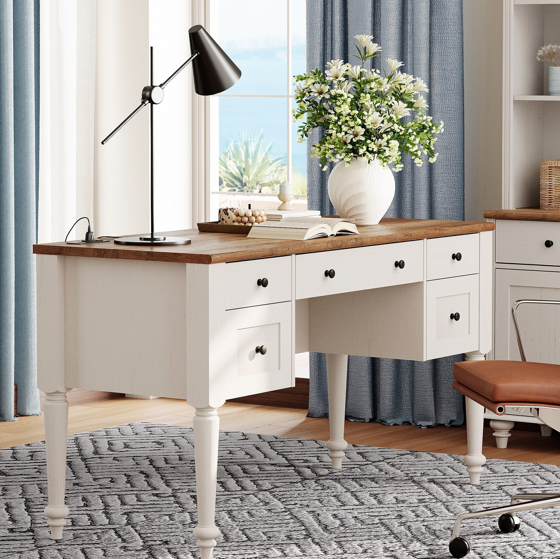 Farmhouse Executive Desk with Drawers, Charging Function, File Drawer, for Home Office, Work, Study Room, Oak