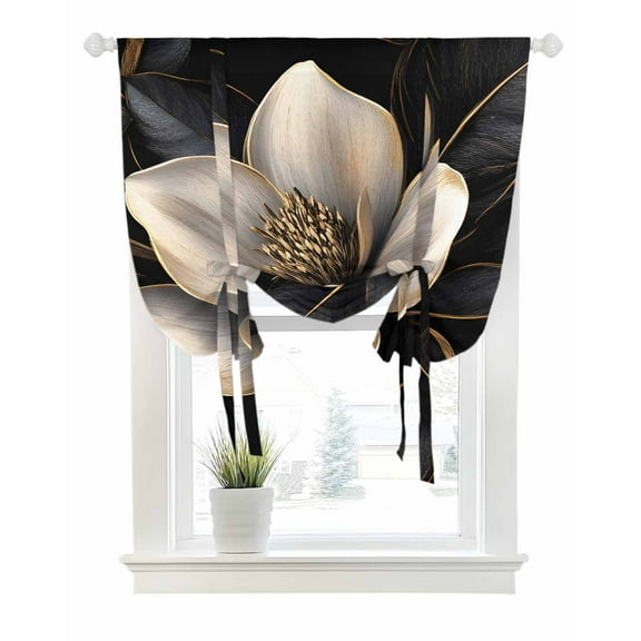 Black Gold Flower Tie Up Curtains for Window, Thermal Insulated Balloon Shade Adjustable Rod Pocket Curtains Valance Panels for Kitchen Bathroom Cafe 52 x 45 Gradient Luxurious Floral Botanical
