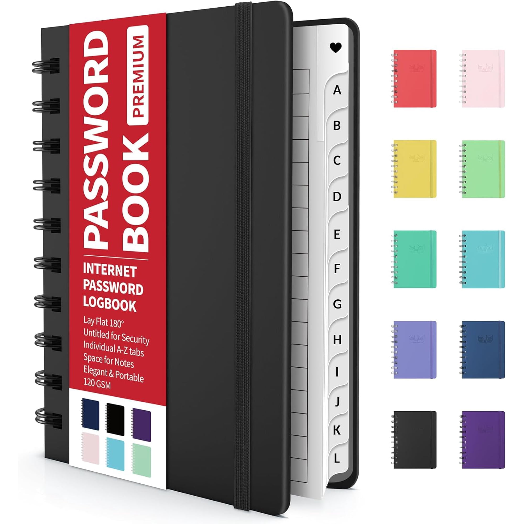 Password Book with Individual Alphabetical Tabs, 4" x 5.5" Small Password Notebook, Spiral Password Keeper, Internet Address and Password Manager, Password Logbook for Home Office, Black