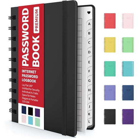 Password Book with Individual Alphabetical Tabs, 4" x 5.5" Small Password Notebook, Spiral Password Keeper, Internet Address and Password Manager, Password Logbook for Home Office, Black