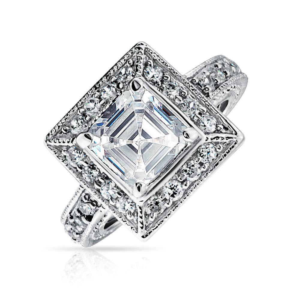 2CT Art Deco Style Cubic Zirconia Milgrain Asscher Cut Square Halo AAA CZ Engagement Ring Sterling Silver Promise Ring