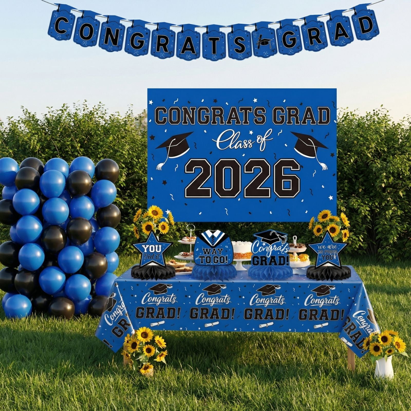 Graduation Party Decorations 2026, Blue and White Balloons, Graduation Cap Decorations Kit, Class of 2026 Decorations, Honeycomb Centerpieces, Hanging Swirls, Vinyl Table Cover,
