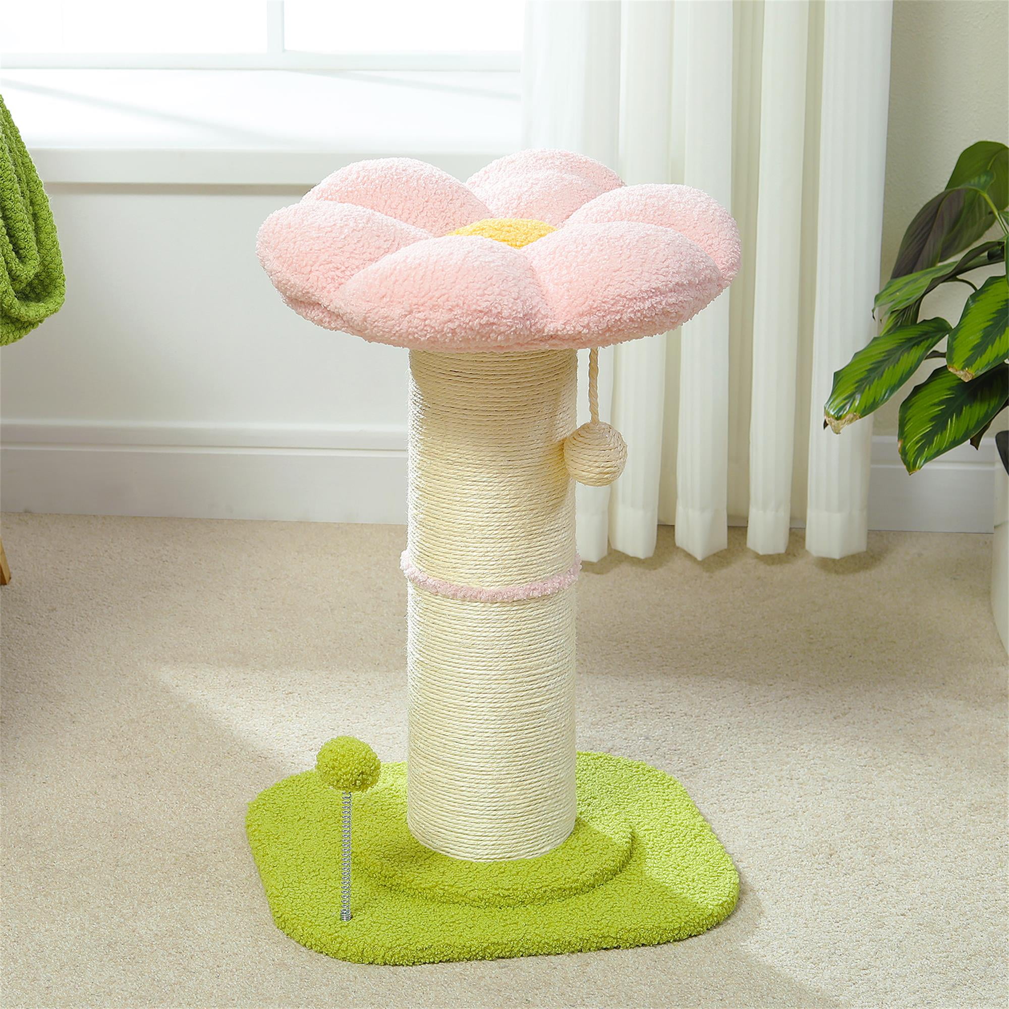resenkos 23" Flower Cat Scratching Post for Indoor Cats, Small Cat Tree Tower with Perches and Spring Ball for Adult Cats, Pink