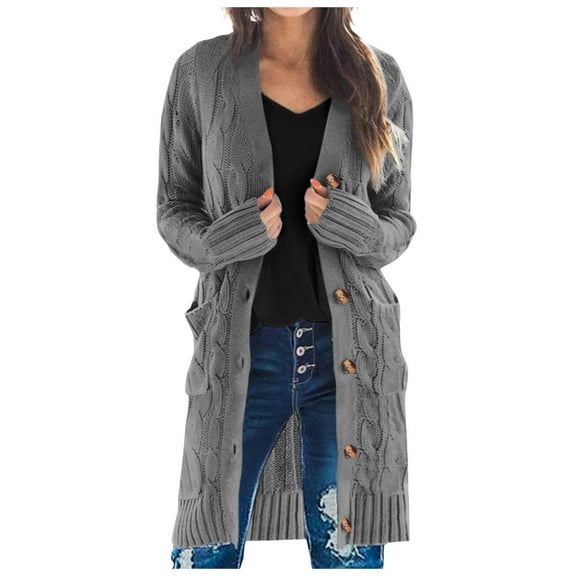 HNMKIU Long Sleeve Knit Long Cardigan for Women Fall Winter Open Front Button Sweaters with Pockets Cardigan Sweaters for Women Grey,S