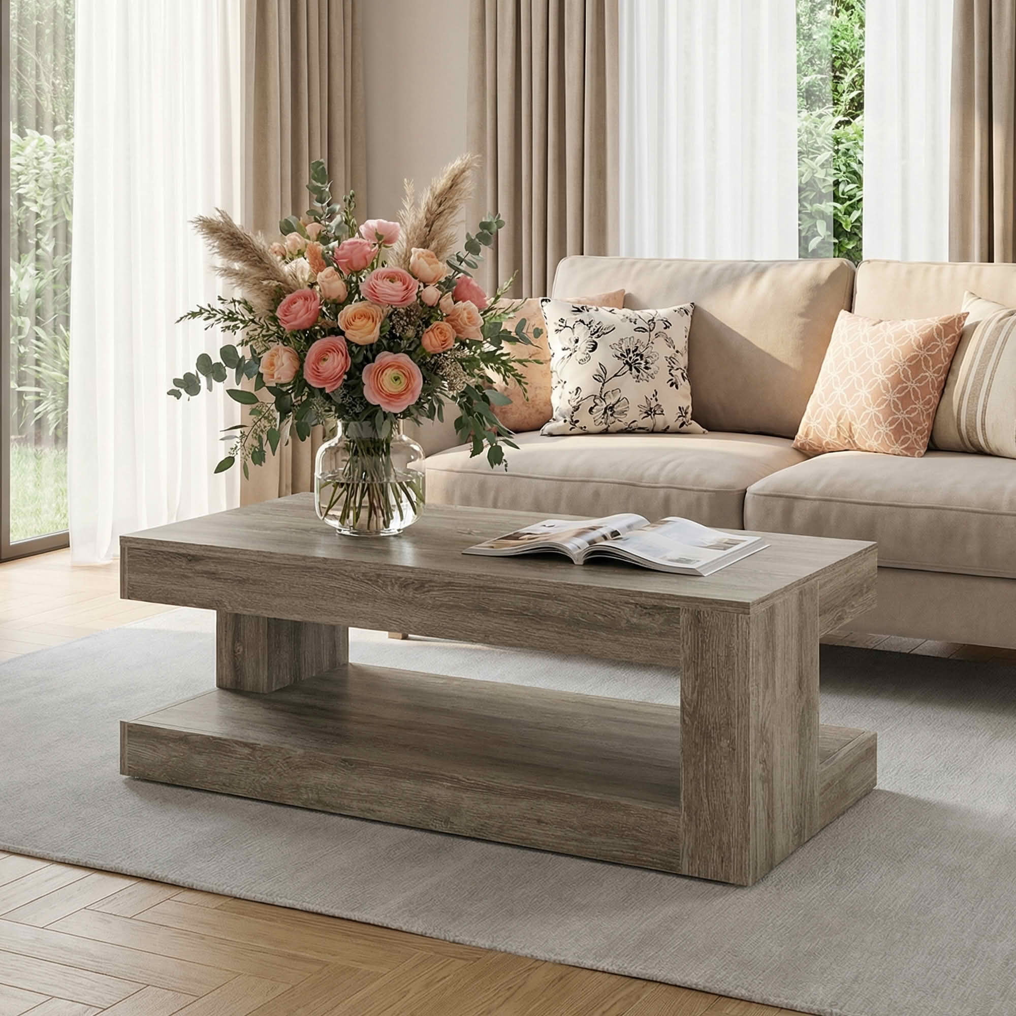 MAYEETY 47.24 Inch Farmhouse 2-Tier Coffee Table Storage Living Room Tea Table